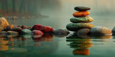 Calm river landscape with stacked stones during early morning fog photo