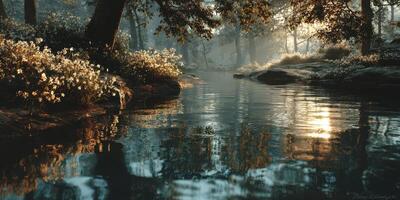 Serene riverbank at dawn with soft sunlight reflecting on calm water and blooming flowers in a tranquil forest setting photo