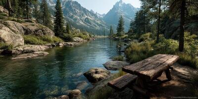 Tranquil riverside picnic with breathtaking mountain backdrop captured during early morning light photo
