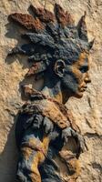 Sculpture of a man with intricate feathers and textured details displayed against a natural rock wall in morning sunlight photo
