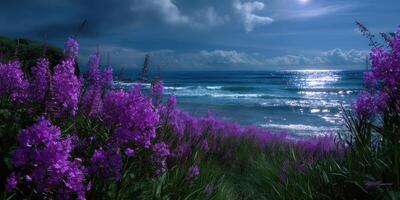 Vibrant purple flowers line the coast under a moonlit sky reflecting on calm ocean waves at dusk photo