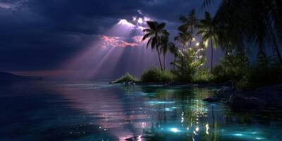 Stunning tropical landscape at dusk with illuminated water and palm trees under dramatic clouds photo