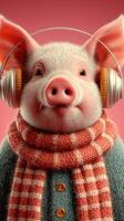 Cute pig wearing headphones and a scarf enjoys music in a playful setting during bright daylight photo