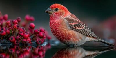 Vibrant bird rests near red berries at a tranquil water's edge in early morning light photo
