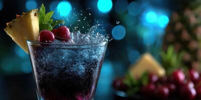 Refreshing cocktail with ice splashes, cherries, and pineapple garnish served in a vibrant bar atmosphere at night photo