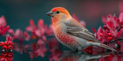 Colorful bird perched near red foliage in serene natural setting during daylight hours photo