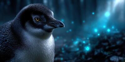 Close-up view of a penguin with luminous background in a winter landscape during twilight hours photo