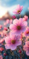 Beautiful blooming pink flowers in a vibrant garden during sunset photo