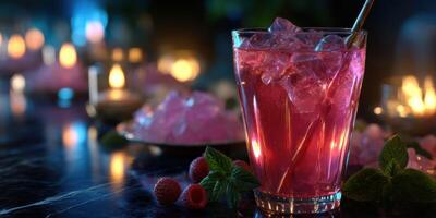 Refreshing raspberry drink with ice served at a cozy evening gathering photo