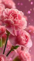 Pink carnations with droplets captured in a vibrant floral arrangement with a soft background photo