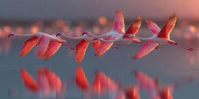 Flamingos gracefully flying over tranquil waters at sunset showcasing their vibrant colors and elegant reflections photo