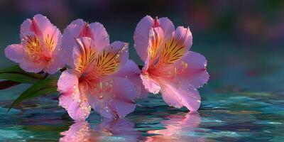 Pink flowers bloom gracefully on calm water surface in a serene spring garden setting photo