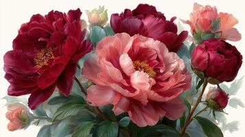 Vibrant peonies bloom in various shades at a garden during springtime photo