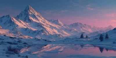 Snow-covered mountains reflect in a tranquil lake during sunset in a serene alpine landscape photo