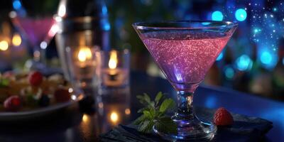 Colorful cocktail prepared with sparkling ingredients at a vibrant night setting with soft lights photo