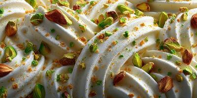 Creamy dessert topped with crushed pistachios and vibrant green accents in a festive display photo