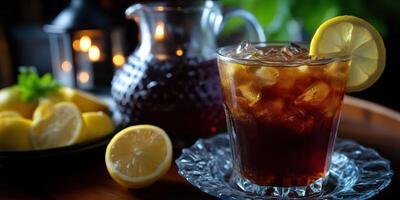 Refreshing iced tea served in a glass with lemon slice and garnished with mint on a wooden table photo