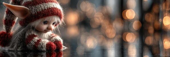 Colorful elf figurine with large ears sits contemplatively among soft glowing lights photo