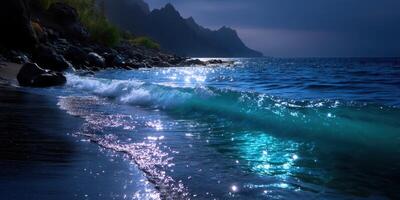 Waves gently crash on a rocky shoreline under a moonlit sky near rugged mountains at twilight photo