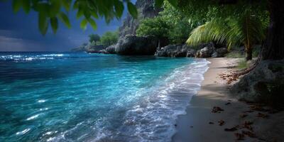 Serene tropical beach with crystal clear water and lush greenery under a cloudy sky at dusk photo