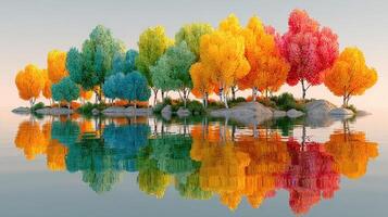 Vibrant autumn trees reflect in calm water under a clear sky at a serene lakeside location photo