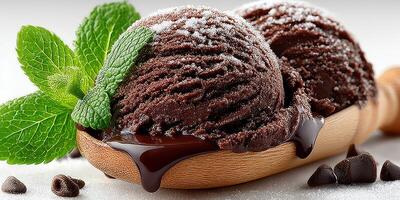 Delicious chocolate ice cream served in a wooden bowl with mint leaves and chocolate syrup photo