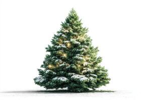Snow-covered Christmas tree illuminated with lights stands alone in a winter landscape during the holiday season photo