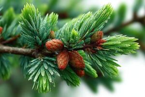 Close-up view of fresh conifer branches with raindrops in a natural setting during springtime photo