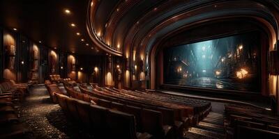 Vintage theater showcasing a cinematic experience in a dimly lit hall with elegant design and comfortable seating photo