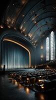 Elegant theater interior with soft lighting and draped curtain set for a performance photo