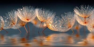 Delicate dandelion seeds float above a serene water surface reflecting golden light at dusk photo