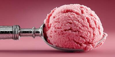 Bright pink sorbet scoop with a silver ice cream scoop on a soft pink backdrop photo