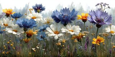 Colorful wildflower meadow in spring with vibrant blooms and soft background photo