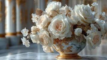 Elegant floral arrangement in a luxurious setting showcasing white roses and delicate accents in a lavish vase photo