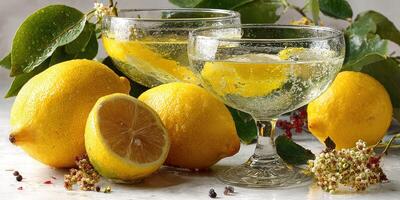 Refreshing lemonade served in elegant glasses with fresh lemons and garnishes at a sunny outdoor picnic photo