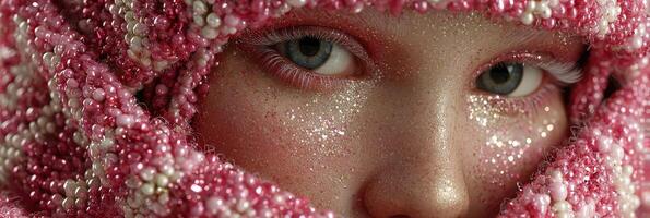 Sparkling close-up of a model wearing a textured pink headpiece with glitter on her face and captivating blue eyes photo