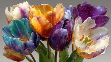 Colorful tulips arranged in a stunning bouquet showcasing vibrant hues and delicate petals in a warm, artistic display photo