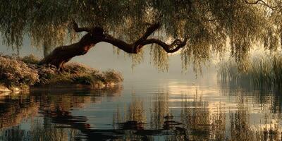 Serene willow tree reflects in calm water at dawn near a tranquil lakeside setting photo