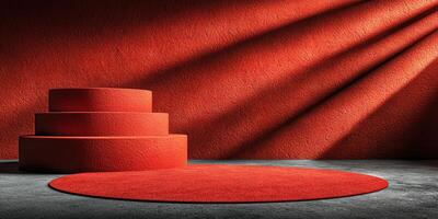 Bright red backdrop with textured walls and circular platforms for a modern display setup photo