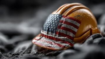 Construction helmet decorated with American flag resting on dark surface at a worksite during mid-afternoon photo