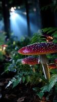 Vibrant red mushrooms grow amidst lush greenery in a sunlit forest at dawn photo