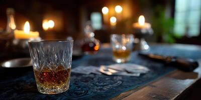 People enjoying a candlelit gathering while playing cards and sipping whiskey in an intimate setting photo