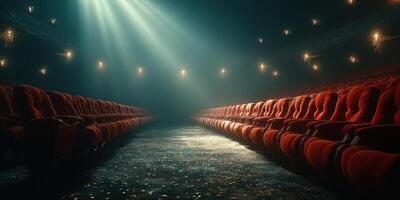Empty theater with red velvet seats and dramatic lighting creating a mysterious atmosphere in the evening photo