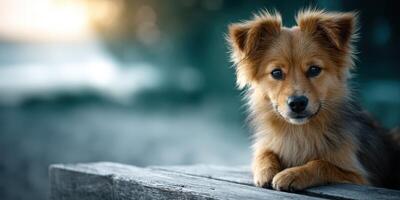 Curious puppy resting on wooden surface during golden hour light at a peaceful outdoor location photo