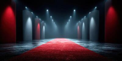 Red carpet hallway with dramatic lighting sets an elegant atmosphere for a grand event or premiere photo