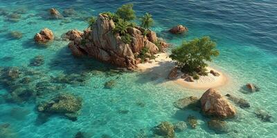 Secluded tropical island with clear turquoise waters and rocky formations surrounded by natural beauty photo