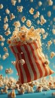Popcorn bursts from a striped sack creating a playful cascade of kernels in bright blue setting photo