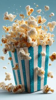 palomitas de maiz estallidos desde un vistoso a rayas envase creando un animado y energético monitor en un juguetón ambiente foto