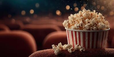 Delicious popcorn in a striped bucket at a movie theater with blurred seats in the background during a film screening photo