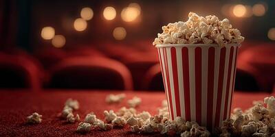 Freshly popped popcorn in a striped bucket placed on a table at a movie theater during a film screening photo